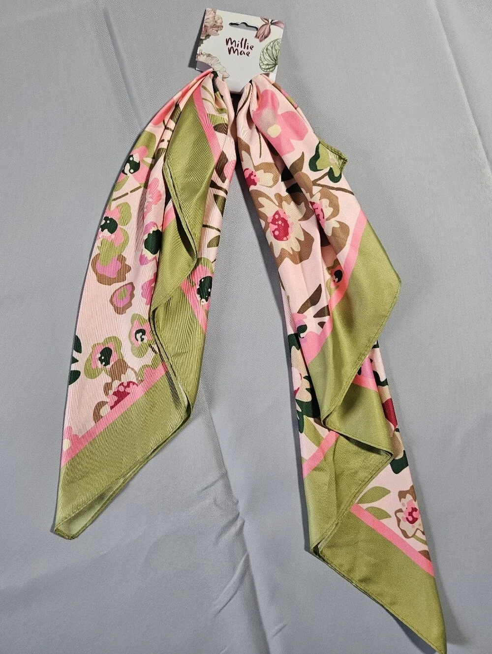 Millie Mae Cottagecore Romantic Floral Pink Chartreuse Square Scarf NWT
